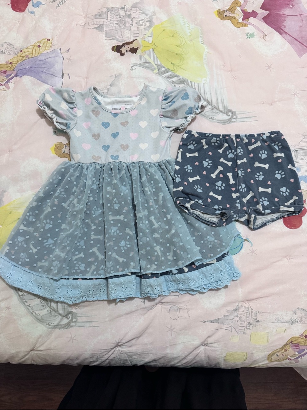 Smocked Sweets Heart Print Puff Sleeve Dress with Paw Print Shorts - Blue & Pink